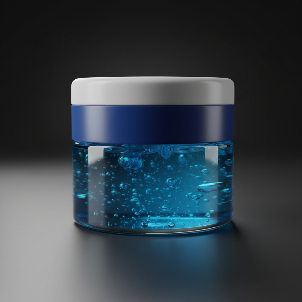 Blue interior cleaning gel in white and blue container on dark charcoal background