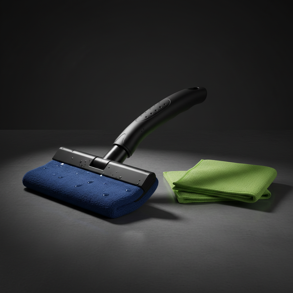Windshield cleaning tool with black handle and blue and green microfiber pads on dark charcoal background